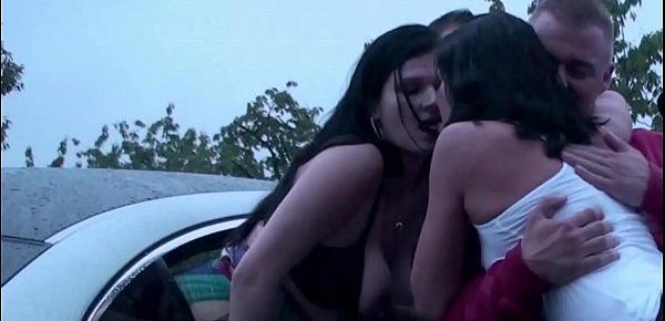  First time in porn girl decides to go to a public gang bang dogging orgy